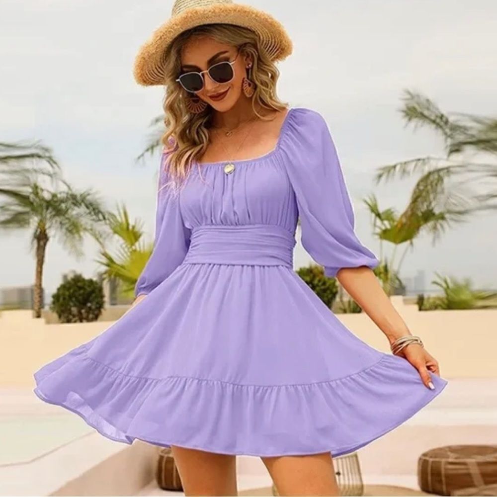 EXLURA Purple Square Neck Boho Mini Dress Medium